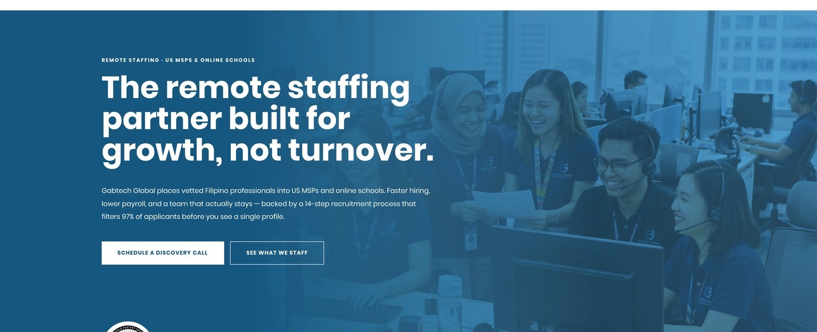 Gabtech Global new homepage hero: headline reads The remote staffing partner built for growth, not turnover, over a stat bar showing number 557 on the Inc. 5000, 100+ active clients, ~350 consultants, 90%+ retention.