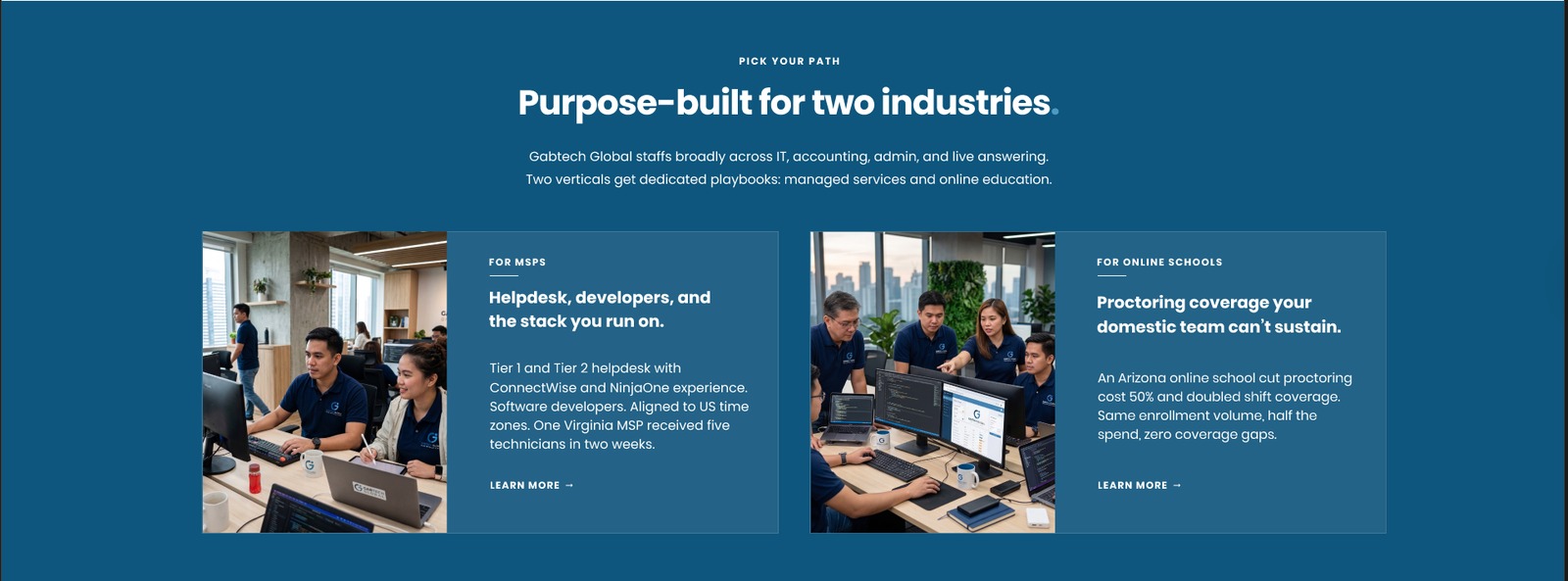 New Gabtech section showing two focused cards: For MSPs, offering Tier 1 and Tier 2 helpdesk with ConnectWise and NinjaOne experience and a Virginia MSP that received five technicians in two weeks; and For Online Schools, with an Arizona school that cut proctoring cost 50% and doubled shift coverage.